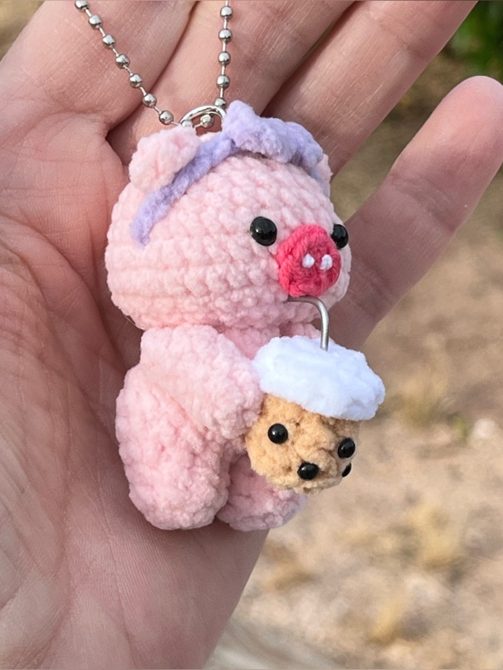 Boba Tea Mini Crochet Piggy with Purple Headband Key Chain / Purse Charm - Picture 3 of 7